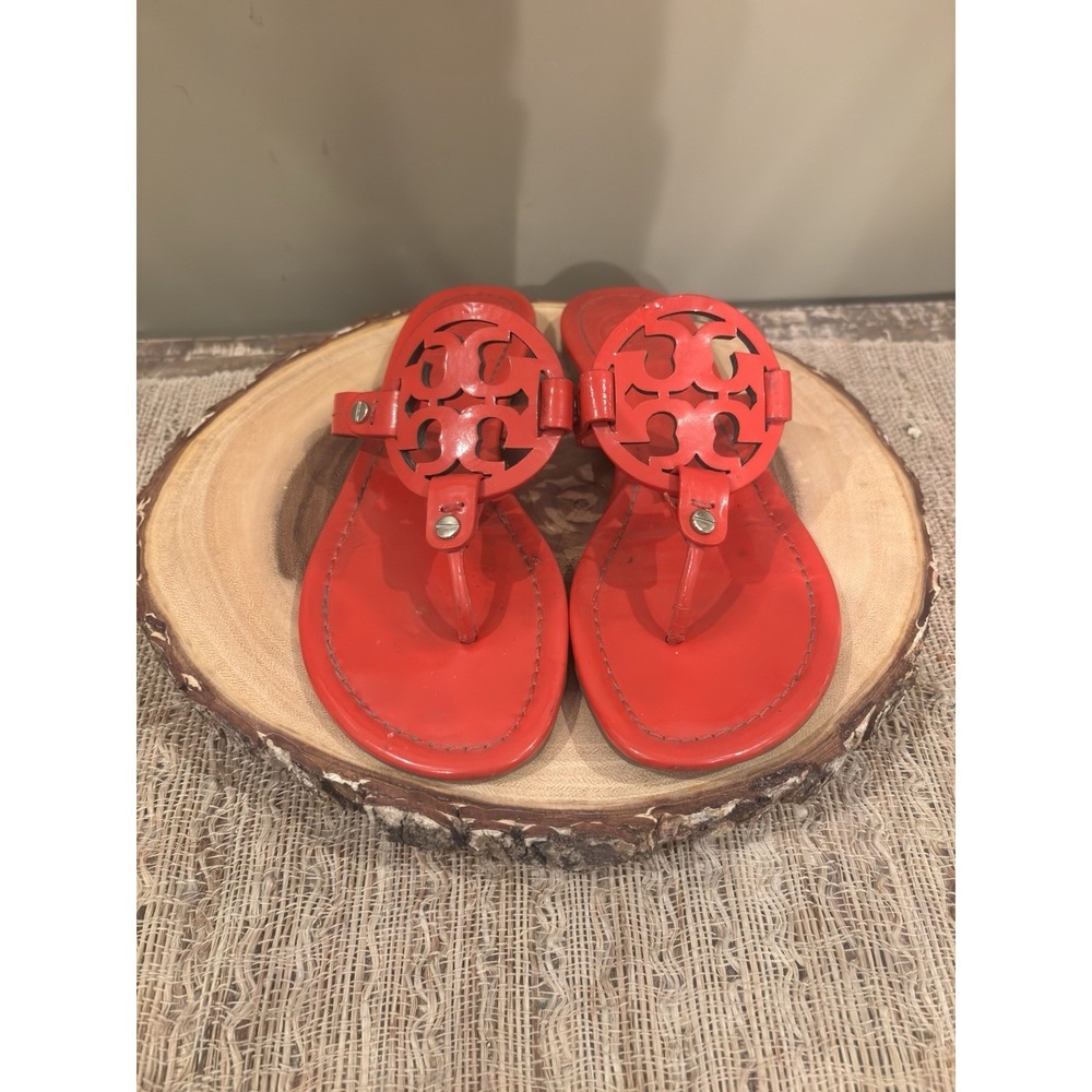 Tory Burch Miller Orange Patent Leather Logo Sandals Size 6 1/2